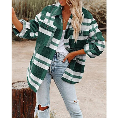 Long-Sleeve Loose Plaid Thickened Wool Jacket